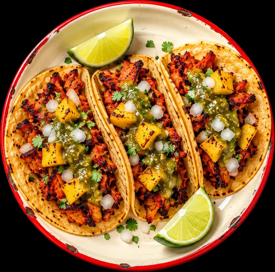 Three al pastor tacos with pineapple and lime on an enamel plate